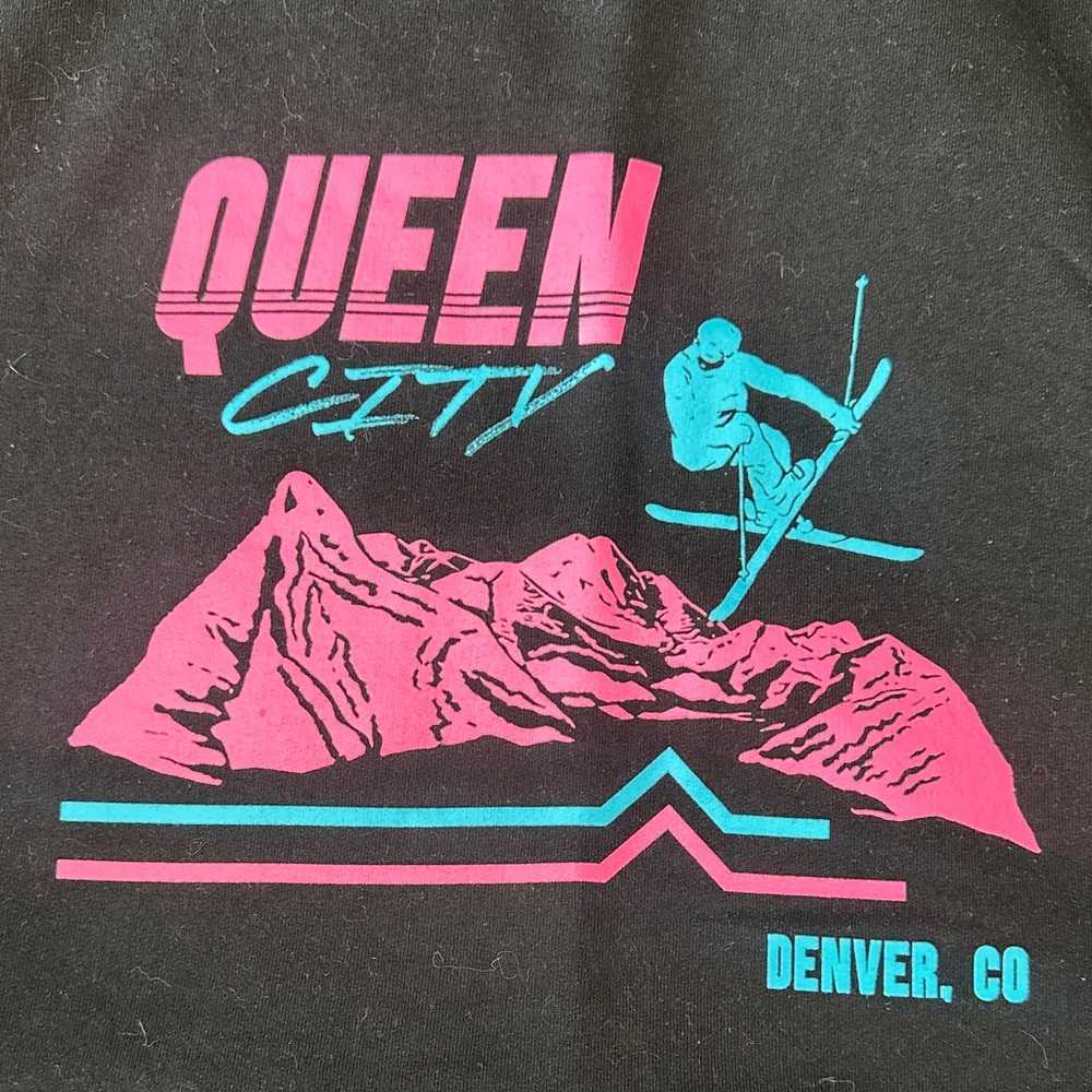 Queen City Denver Ski Champion Black and Pink Graphic Crewneck Sweater